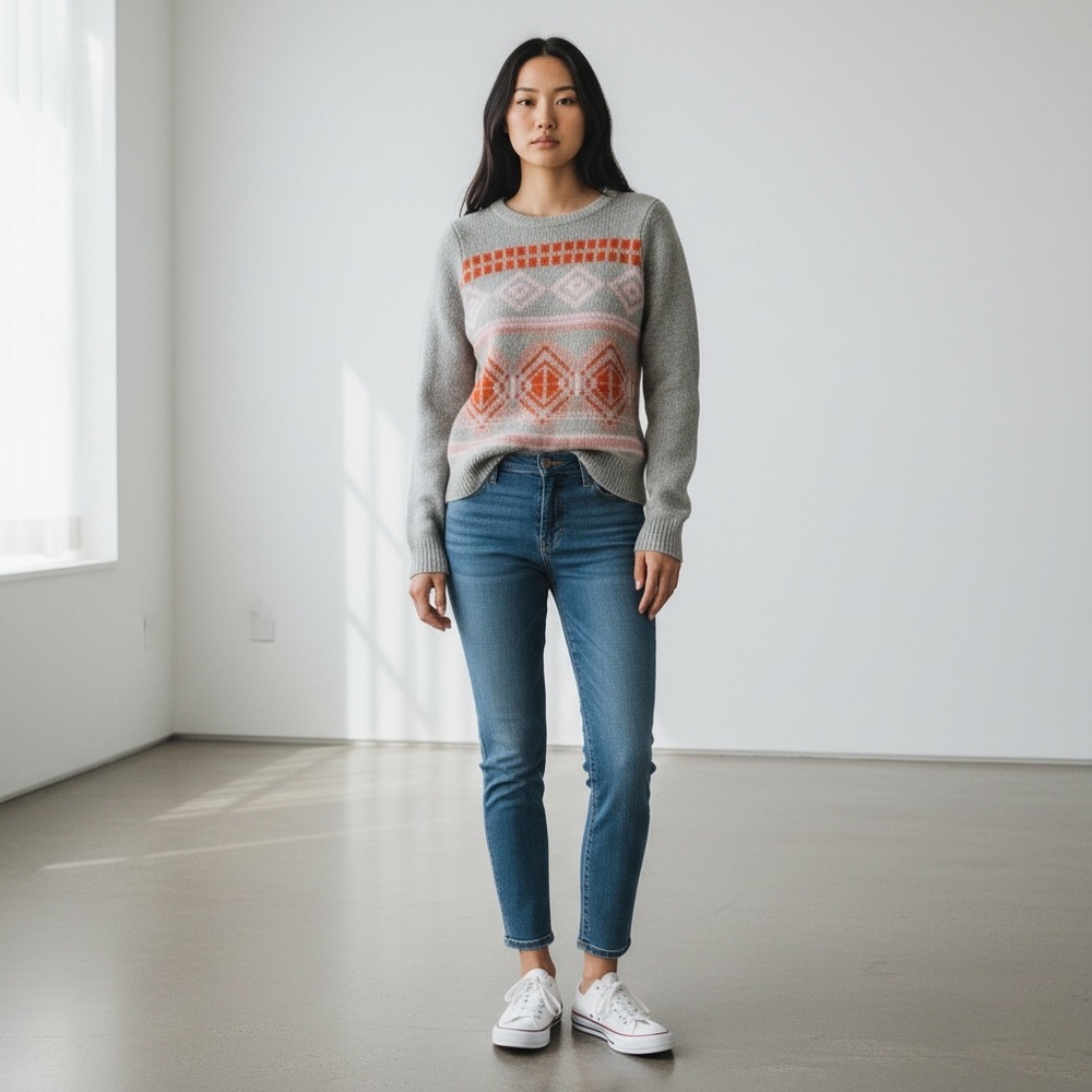 NWT J. Crew Geometric Fair Isle Sweater Heather Dove Pink Gray Orange Small